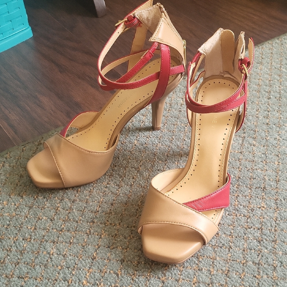 Adrienne Vittadini Tan and Red Strappy Heels